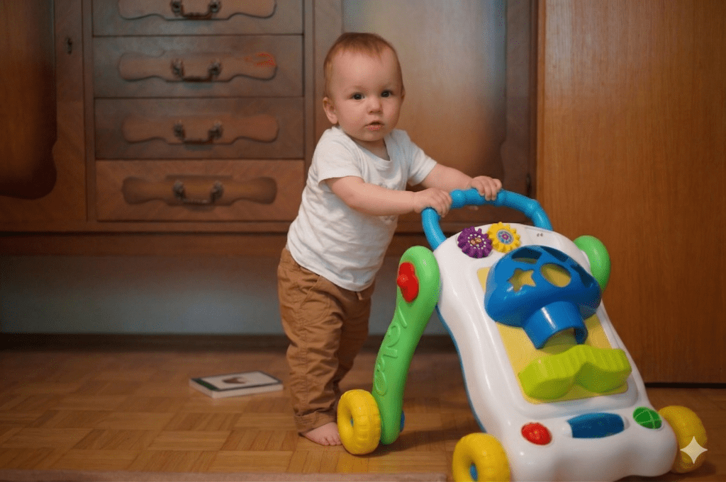 A young child using a push-along toy as a safe alternative to traditional baby walkers, which can lead to developmental delays and injuries.