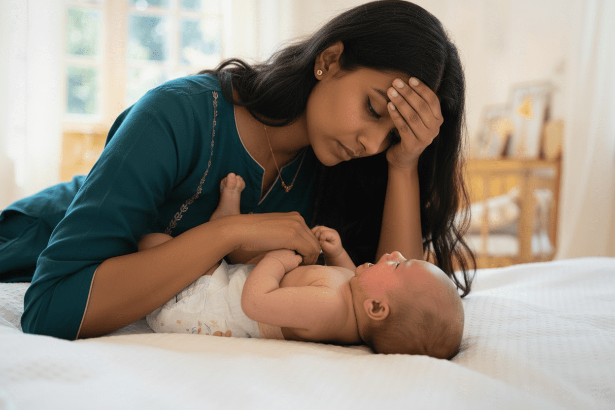 Colicky crying infant with tired and harassed mother